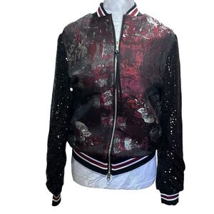Mayer Sz XS Wyatt Floral Jacquard Bomber Jacket Varsity Sequin Sleeves Preppy